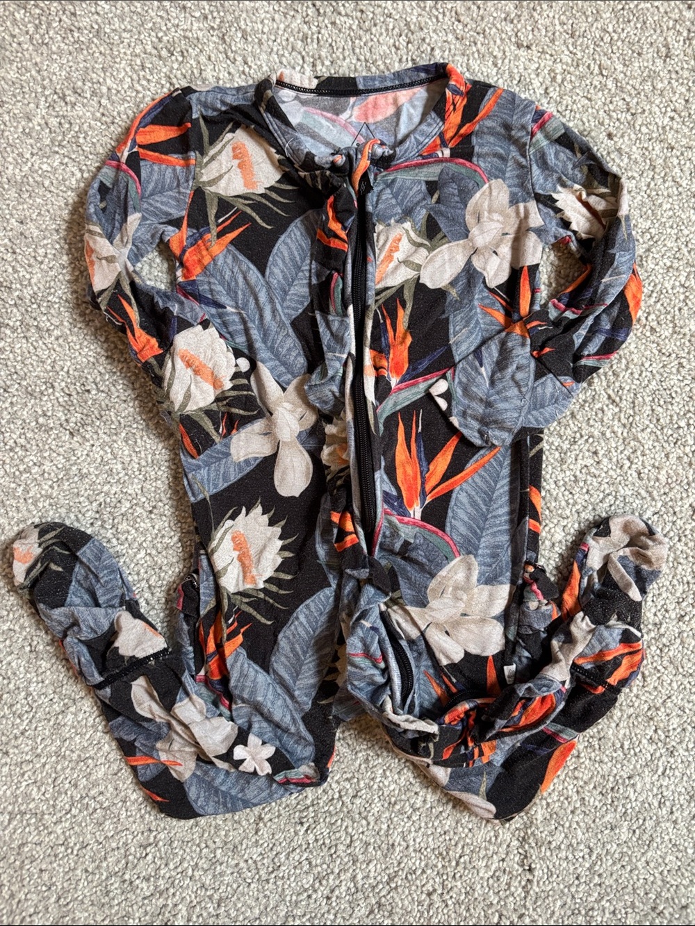 Muse Floral Ruffles Footed One-Piece in Black, Orange, Gray, Cream